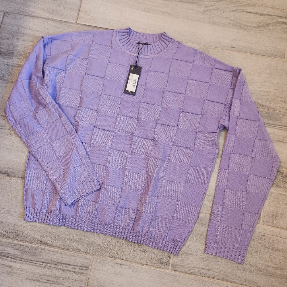 PrettyLittleThing PLT Sweater S Lilac Purple Square Checks Knit Oversized New$62 - Picture 3 of 11